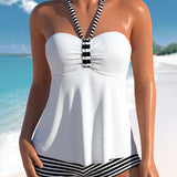 Tankini para mujer – Top fluido sin espalda – Shorts a rayas – Tejido transpirable y cómodo