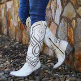 Botas altas de mujer – Piel envejecida – Tacón grueso – Remaches – Cierre de cremallera