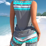 Tankini para mujer - Cuello en V - Tirantes cruzados - Estampado geométrico - Ajuste cómodo