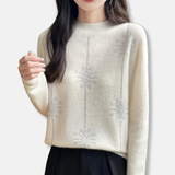 Suéter de mujer - Tejido de felpa - Corte holgado - Cuello alto acanalado - Estampado de copos de nieve brillantes