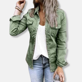 Chaqueta vaquera para mujer – Corte entallado – Botones delanteros – Bolsillos en el pecho – Estilo casual estructurado