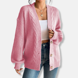 Cárdigan para mujer – Punto de lana – Corte holgado – Patrón de punto trenzado – Botones delanteros