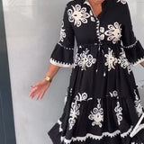 Katia - Vestido de diseñador con estampado floral y mangas 3/4