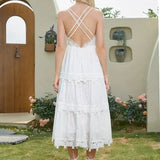 Vestido de verano de encaje blanco para mujer con dobladillo con volantes