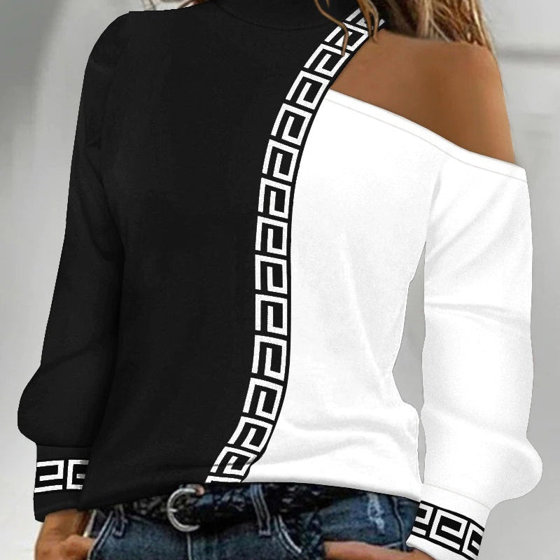 Top de mujer - Hombros descubiertos - Escote asimétrico - Estampado geométrico - Elegante y cómodo