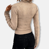 Suéter de punto para mujer - Tejido de punto fino - Corte ajustado - Mangas largas - Cuello alto