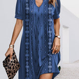 Vestido de mujer - Escote en V - Mangas cortas abullonadas - Corte recto y fluido