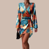 Vestido cruzado para mujer - Mangas largas - Cuello en V - Ajuste ajustable - Estampado moderno