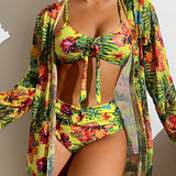 Traje de baño de 3 piezas para mujer – Top con lazo – Cintura alta – Kimono floral fluido