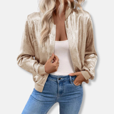 Chaqueta bomber para mujer – Acabado satinado brillante – Corte holgado – Bajos acanalados – Cierre de cremallera