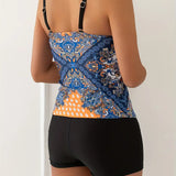 Tankini para mujer – Tirantes ajustables – Estampado tribal – Corte ajustado – Pantalones cortos hasta la mitad del muslo