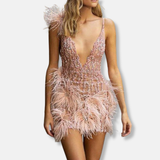 Vestido de cóctel para mujer – Corte entallado – Escote pronunciado – Plumas y lentejuelas