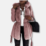 Chaqueta de piel sintética para mujer – Corte entallado – Cuello de piel sintética – Mangas acolchadas