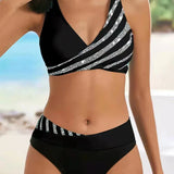 Bikini de mujer – Talle alto – Top cruzado – Tejido elástico transpirable – Rayas estampadas