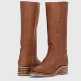 Botas de mujer - Piel - Caña alta - Tacón de bloque apilado - Punta de almendra