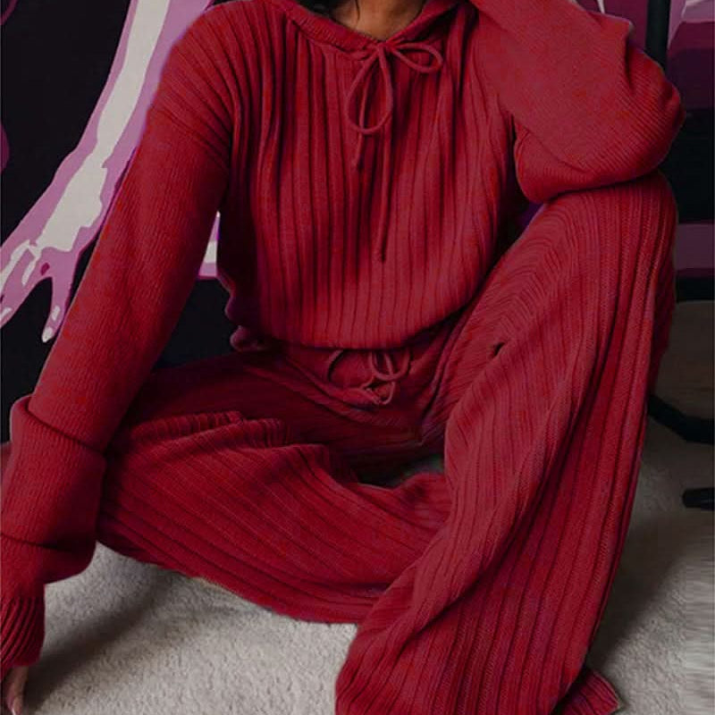 Conjunto de mujer – Punto acanalado – Cómodo y elegante – Top de manga larga con pantalón ajustado
