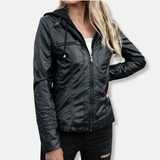 Chaqueta de cuero para mujer – Corte entallado – Capucha – Bolsillos con cremallera – Largo hasta la cintura