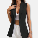 Chaqueta sin mangas para mujer – Corte entallado – Cuello redondo – Cierre de un botón