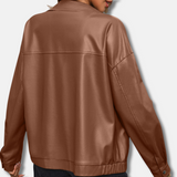 Chaqueta biker para mujer – Piel sintética – Corte holgado – Recortada – Cremallera frontal