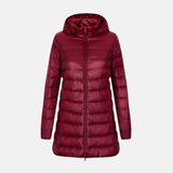 Chaqueta de plumas para mujer – Corte entallado – Largo hasta medio muslo – Acolchada – Impermeable con capucha