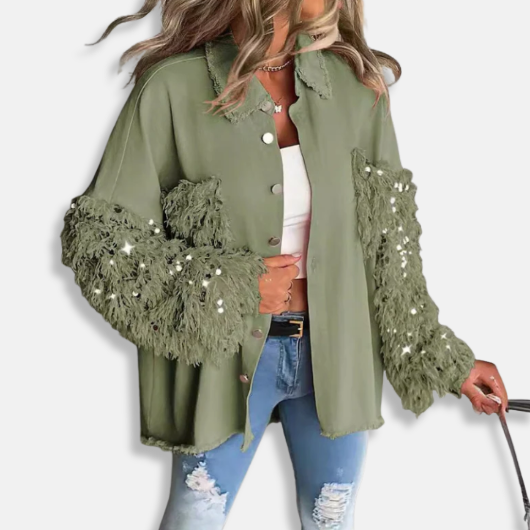 Chaqueta vaquera para mujer - Mezcla de algodón - Corte holgado - Largo túnica - Bordes deshilachados