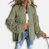 Chaqueta vaquera para mujer - Mezcla de algodón - Corte holgado - Largo túnica - Bordes deshilachados