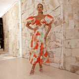 Vestido de mujer - Hombros descubiertos - Mangas abullonadas - Estampado floral - Corte midi fluido