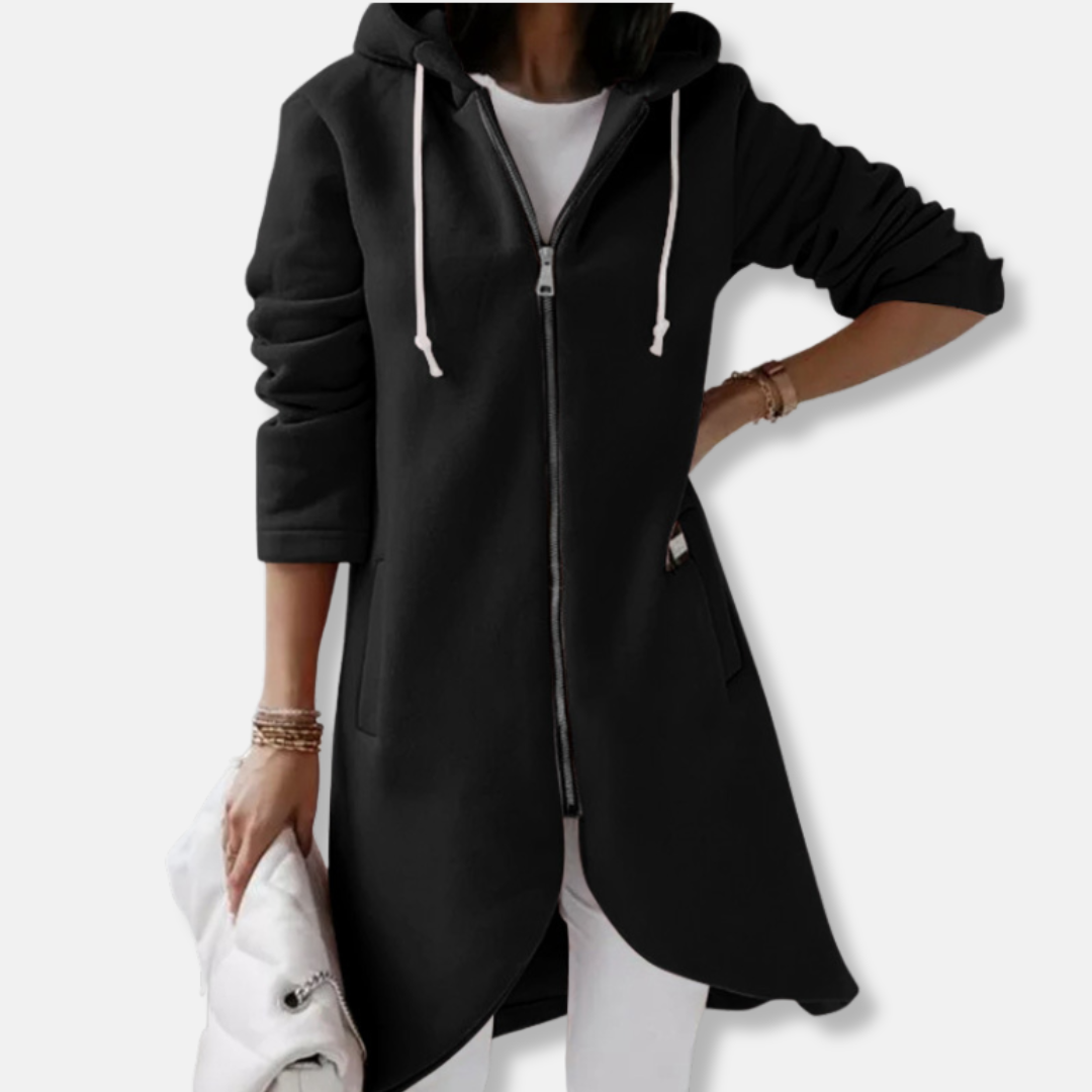 Chaqueta sudadera para mujer – Corte holgado – Algodón – Capucha con cremallera – Largo hasta la mitad del muslo