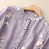 Blusa de mujer – Corte holgado – Fibras naturales – Bordado floral – Mangas 3/4