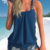 Tankini para mujer – Malla transpirable – Corte holgado – Escote fruncido – Shorts florales