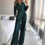 Mono de mujer - Corte entallado - Mangas largas - Cuello en V - Piernas anchas elegantes