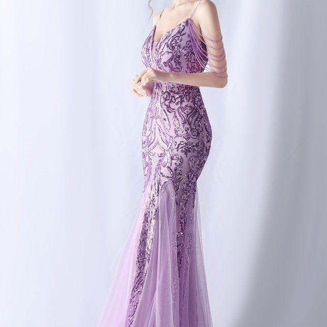 Vestido de cóctel largo de punto con cuentas