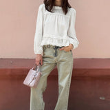Blusa holgada con cuello redondo y volantes fruncidos