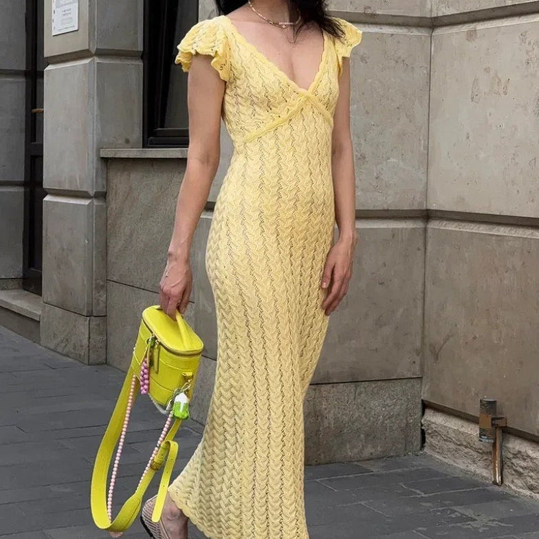 Vestido largo de punto estilo campestre con escote en pico y volantes franceses