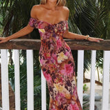 Vestido maxi sexy, sin tirantes, estampado, con volantes y ajustado.