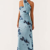 Vestido de noche largo con tirantes finos y rejilla con efecto tie-dye