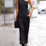 Conjunto de mujer – Top asimétrico de un solo brazo – Pantalón ancho y fluido – Corte estructurado