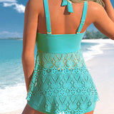 Traje de baño tankini para mujer - Cuello halter - Escote pronunciado - Encaje elegante