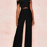 Conjunto de dos piezas para mujer: top corto con hombros descubiertos y pantalón acampanado de cintura alta
