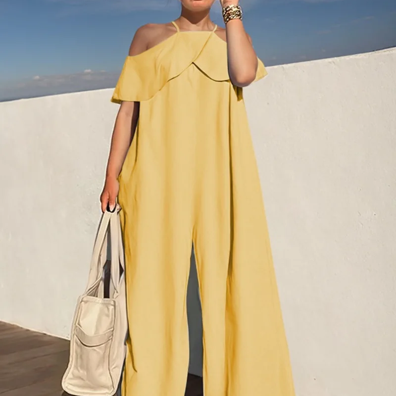 Mono de mujer – Hombros descubiertos – Pierna ancha – Tirantes estilo halter – Estilo casual