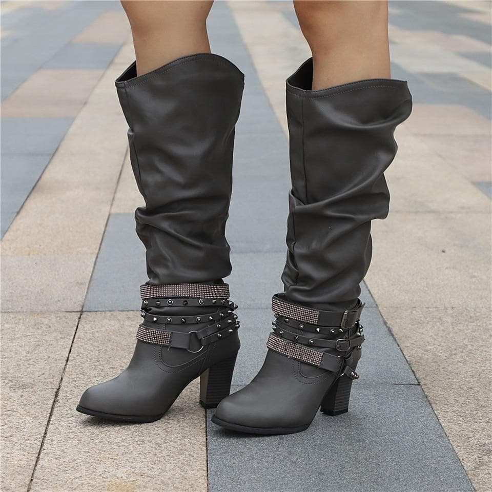 Botas altas para mujer - Piel elegante - Tacón de bloque cómodo - Detalles con tachuelas a la moda