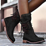 Botas de piel para mujer - Media pantorrilla - Cordones y tachuelas decorativas - Tacón cuadrado