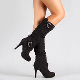 Botas altas para mujer - Tacón de aguja - Ante elegante - Tiras decorativas