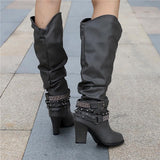 Botas altas para mujer - Piel elegante - Tacón de bloque cómodo - Detalles con tachuelas a la moda