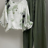 Conjunto de dos piezas para mujer: túnica holgada y pantalón ancho, fibra natural transpirable.