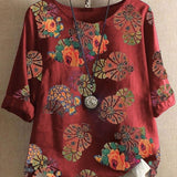 Blusa de mujer - Corte holgado - Mangas 3/4 enrollables - Cuello redondo - Estampado floral bohemio