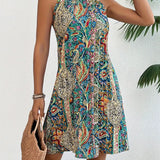 Vestido de mujer - Espalda abierta - Corte en A - Elegante estampado bohemio - Largo hasta la rodilla