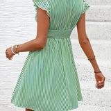 Vestido de mujer - Escote cruzado - Mangas con volantes - Cintura ajustada - Falda acampanada