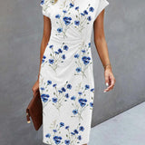 Anika - Vestido blanco con estampado floral azul