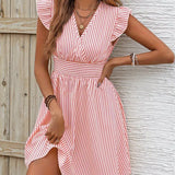 Vestido de mujer - Escote cruzado - Mangas con volantes - Cintura ajustada - Falda acampanada